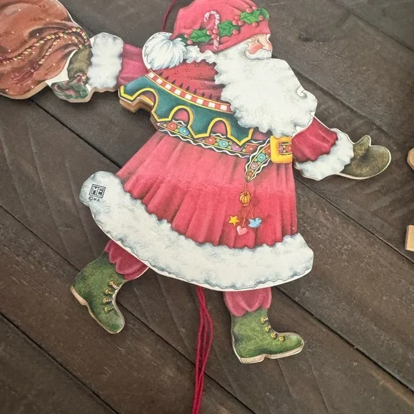 Vintage Wooden Mary Engelbreit Pull String Santa with sack and 3D Deer - Picture 5 of 9